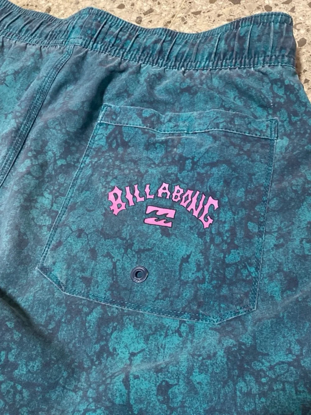 Billabong Teal Marble Swim Trunks with Pink Graphic